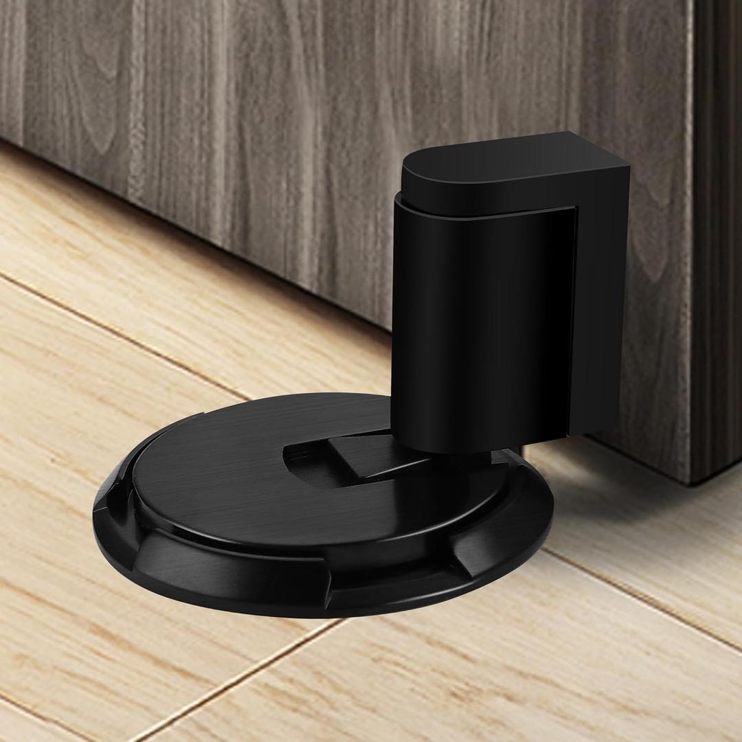Windproof Door Stopper, Mechanical Heavy Duty Adjustable Height Door Catch Holder, Keep Door Open, No Drilling or Screw Mounting with Adhesive Pads & Screws, 1 Pack, Black