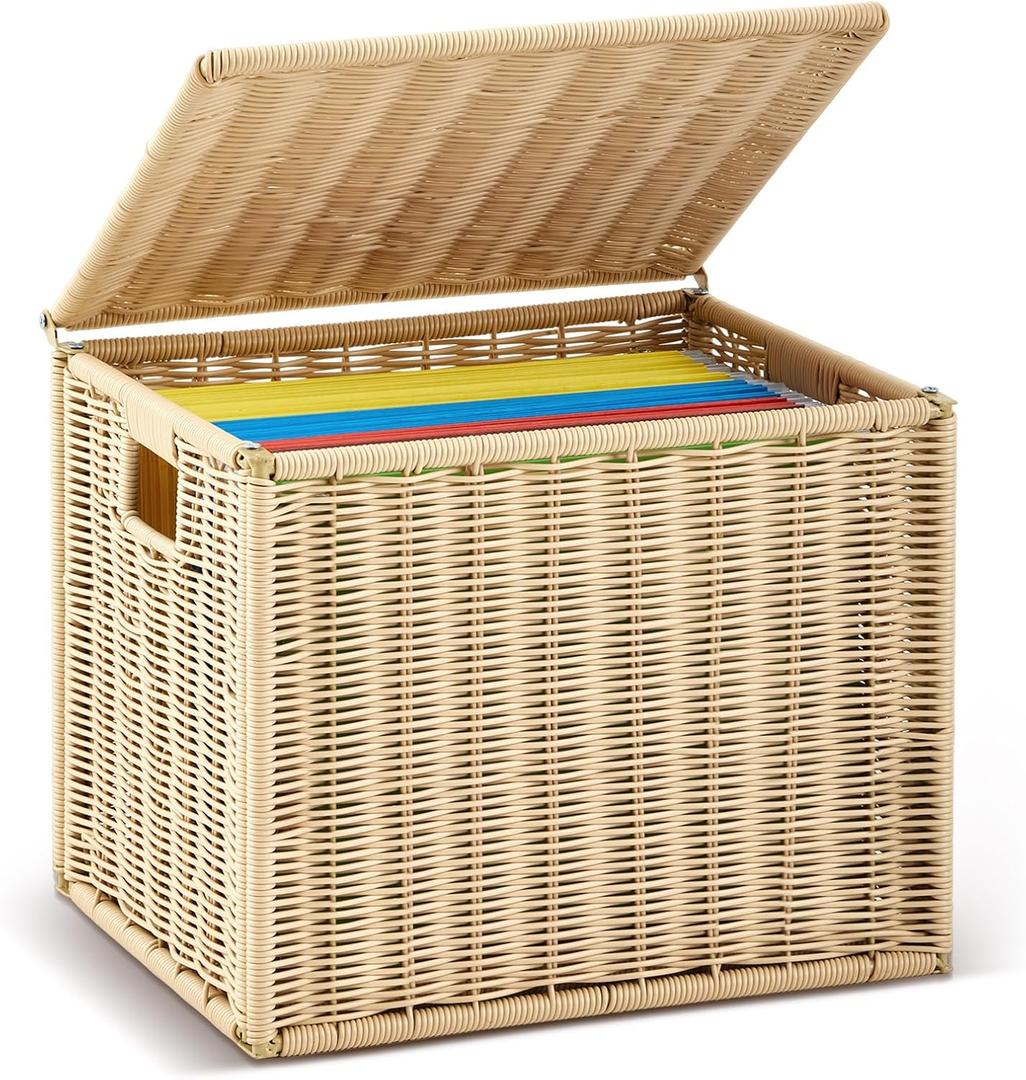 Jingmore Wicker File Basket for Hanging Folders, Decorative File Boxes with Lids, Farmhouse Collapsible Letter Size Document Storage Box for Home Office Decor