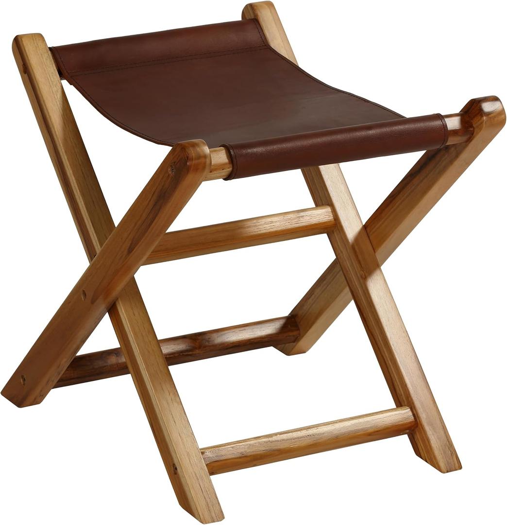 Bare Decor Hex Genuine Teak and Leather Folding Artist Stool in Brown Teak Wood
