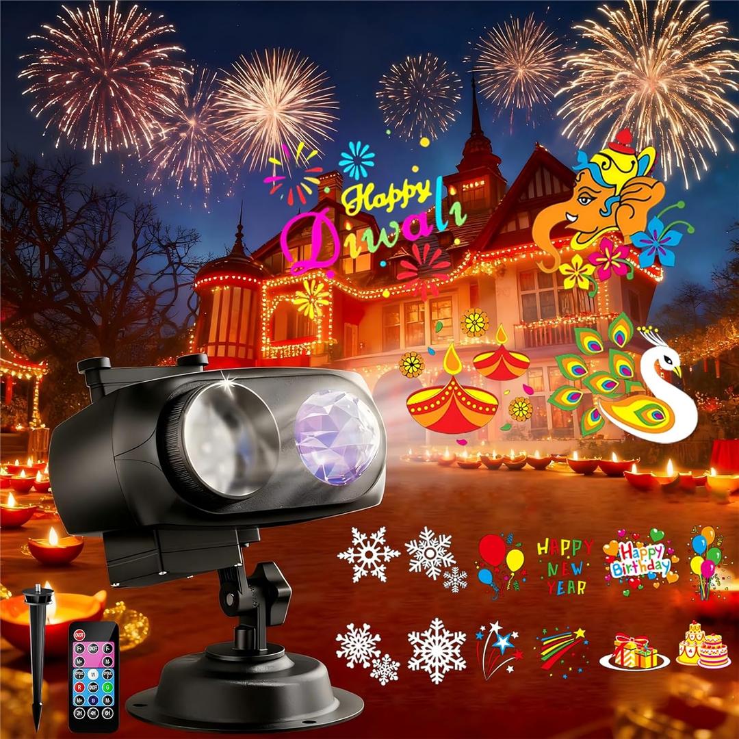 Happy Diwali Projector Lights Outdoor, 2-in-1 Moving Patterns Projector, Festival LED Projection Lamp with 4 Slides, Waterproof Dynamic Rotation Light for Home Garden Yard Patio Party Decorations