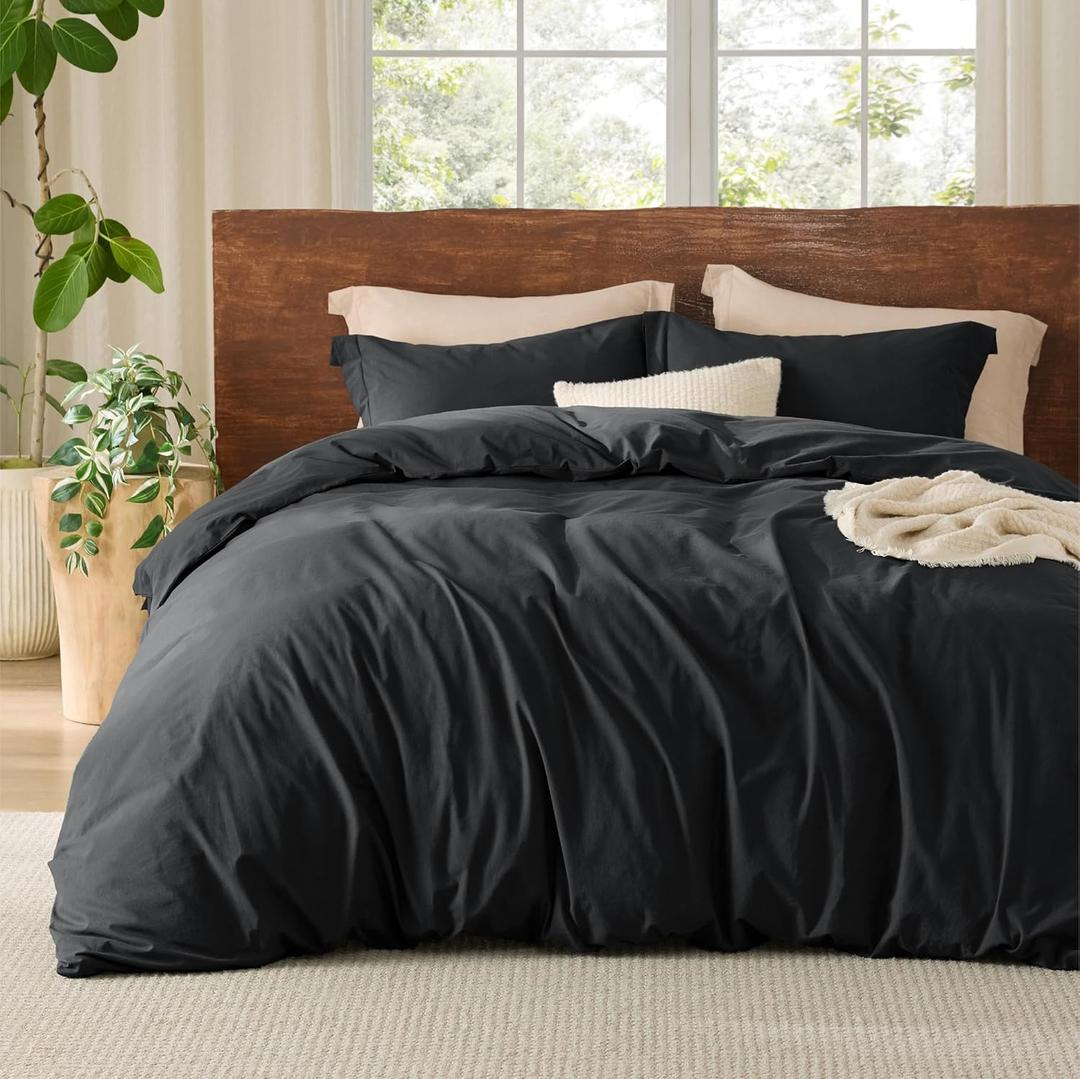 Bedsure 100% Washed Cotton Duvet Cover Queen Size - Black Minimalist Cotton Duvet Cover Linen Like for All Seasons - GentleSoft Plain Simple Bedding (Black, Queen, 90"x90")