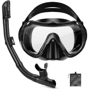 Snorkeling Gear for Adults, Adult Snorkel Set with Panoramic Anti-Leak and Anti-Fog Tempered Glass Snorkel Mask, Dry Top Snorkel, Snorkle Mask Set Adult with Mesh Bag Ear Plug for Snorkeling (Black (1 Set))