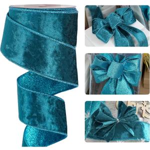 HUIHUANG Velvet Wired Ribbon 2.5 Inch Wide Teal Turquoise Blue Metallic Glitter for Christmas Tree Wreaths Gift Wrapping Bows Garlands Home Decor Crafts - 10 Yards