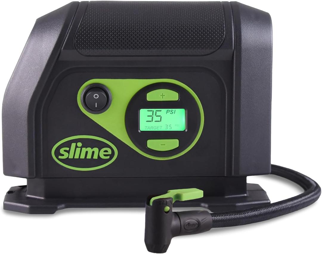 Slime 40088 Tire Inflator, Portable Car Air Compressor, Inflate Right Automatic Shut Off, with Digital 99 psi Display, Long Hose and LED Light, 12V, 6 min inflation