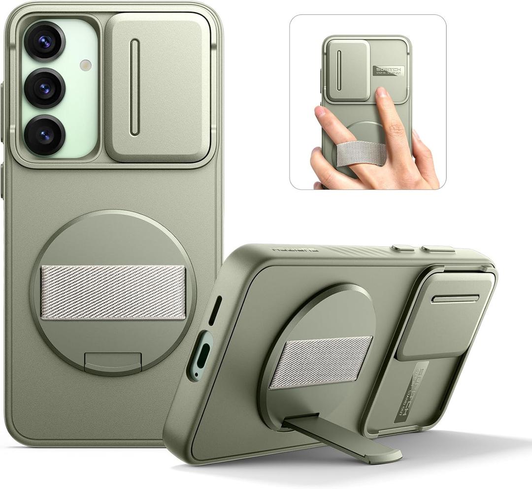 SURITCH for Samsung Galaxy S25 Case with 360 Rotatable Hand Strap Phone Grip & Invisible Kickstand & Slide Camera Cover, Rugged Shockproof Protective Cover for S25 -Sage Green