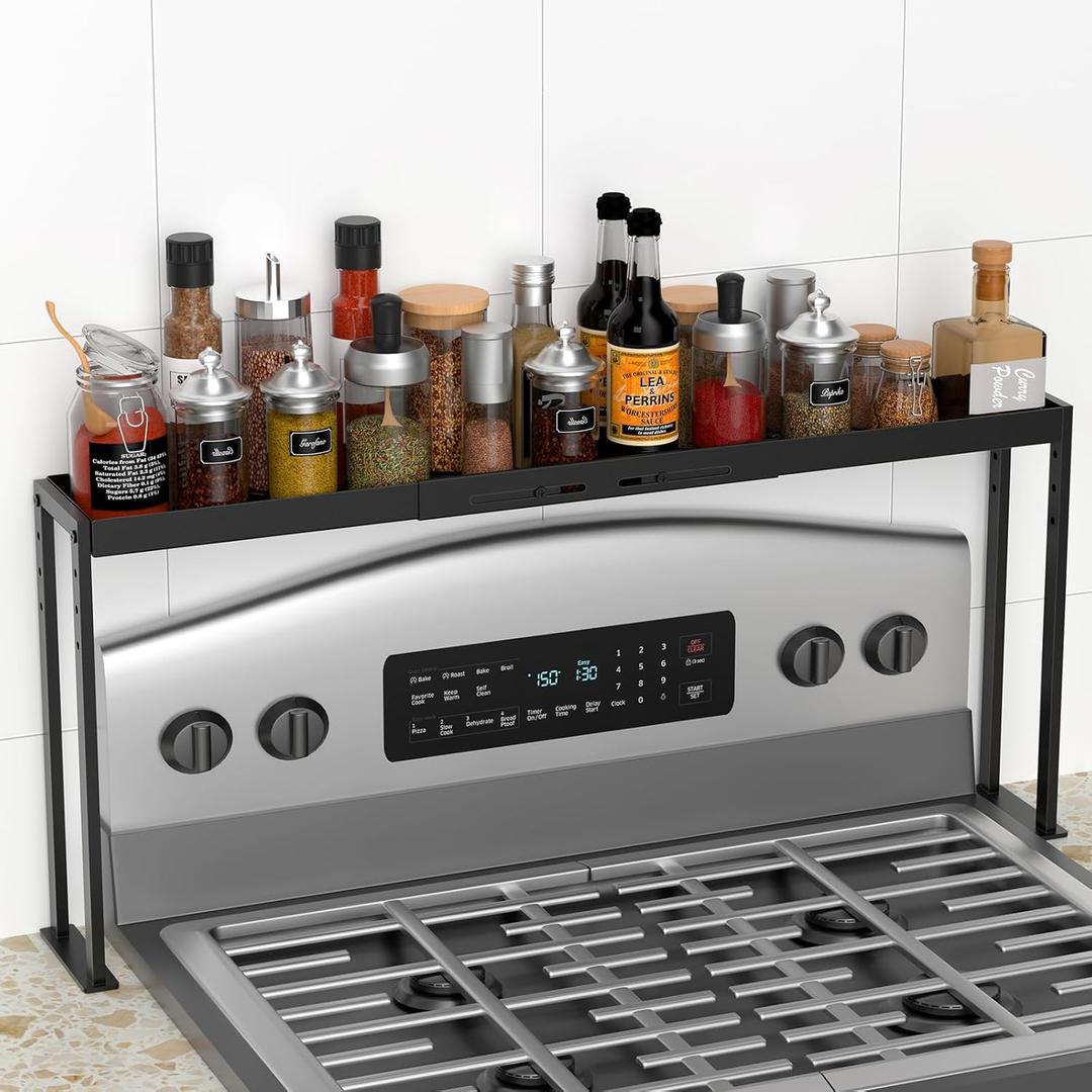 Spice Rack Shelf for Kitchen Stove, Adjustable 27 to 33 Inch Spice Rack Organizer, 4 Level Adjustable Height Stove Top Shelf for Kitchen, Over the Stove Shelf for Curved Stove, Black