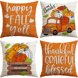 Artscope Fall Decorative Throw Pillow Covers 20x20 Inch Set of 4, Happy Fall Pumpkin Truck Thankful Grateful Blessed Outdoor Farmhouse Pillow Cases for Home Sofa Couch-Orange