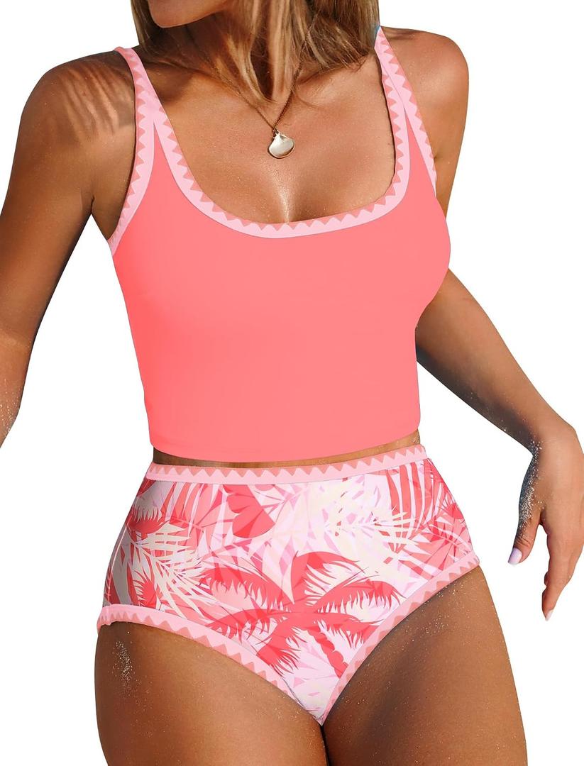 ZAFUL Tankini Swimsuit Tummy Control Bathing Suits Two Piece Swim Top with High Waisted Bottom (Pink, M)