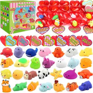 28 Pack Valentines Mochi Squishies Toys and Valentine Cards for Kids, Animal Mochi Squishies Filled Hearts and Valentine Greeting Cards Kawaii Stress Relief Toys Classroom Exchange Party Favors Prizes