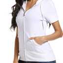 MISS MOLY Women's Short Sleeve Hoodie Full Zip Up Cotton Slim Fit Sweatshirt with Pocket (White, L)