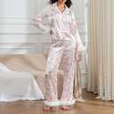 iTranyee Women Christmas 2 Piece Pajamas Set Feather Trim Long Sleeve Button Down Shirt Pants Outfits Silk Satin Lounge Set (Large, White)