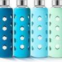 Mrsdry Glass Juice Bottles with Lids and Silicone Sleeves 18 oz, 4-Pack Reusable Clear Glass Water Bottles with Stainless Steel Airtight Cap for Juicing, Refrigerator, BPA Free Leak-Proof Drinking Jar