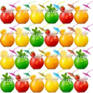 Weysat 24 Pcs 24 Oz Plastic Fish Bowl for Drinks and 50 Pcs Umbrella Drinking Straws Clear Goldfish Bowl for Summer Pool Carnival Party Supplies Table Centerpieces Decorations, ONE SIZE