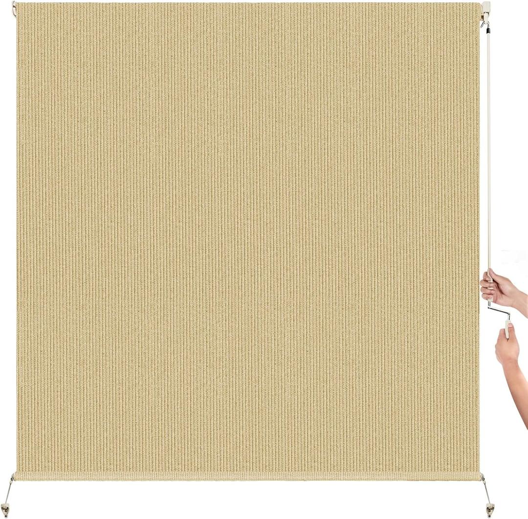 Boho Seasame Outdoor Roller Shade 7' W x 8' H, Exterior Cordless Patio Shades Roll up-Down Blinds Spliced Design (Fixed 2 Poles, One-Full Fabric Sunshade)