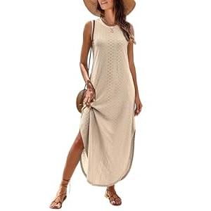 ANRABESS Women Maxi Dress Summer Casual Loose Sleeveless Sundress Coverup Beach Eyelet Dresses 2026 Vacation Travel Outfits Medium Khaki