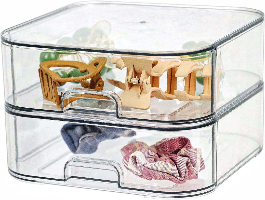 Set of 2 Stackable Storage Drawers - 7.8" Clear Plastic Drawer Storage, Acrylic Makeup Organizer, Desk Counter Cabinet Office Organizer, Bathroom Organizers and Storage (Square/Set of 2)