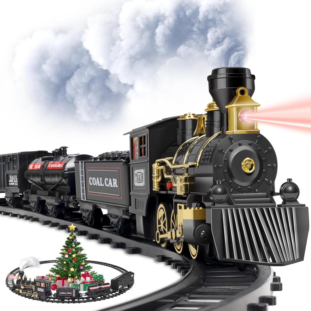 OleFun Train Set, Electric Black Train with Water Steam, Sounds & Lights, Model Christmas Train Set for Under The Tree, Railway Kit Gifts for 3, 4, 5, 6, 7, 8+ Year Old Boys & Girls