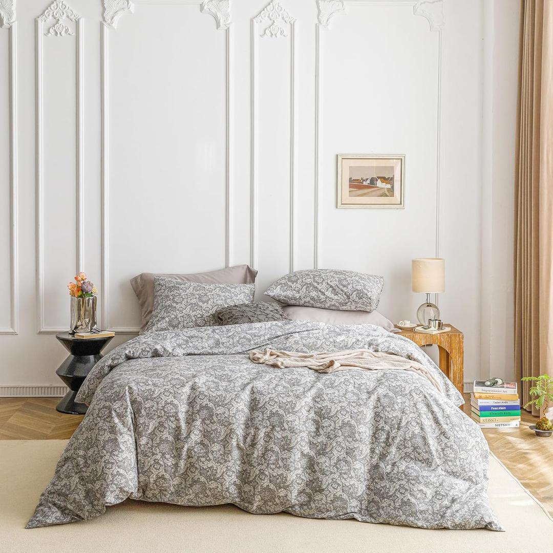 SUSYBAO Grey Paisley Duvet Cover King 100% Cotton 3 Pcs Set 1 Vintage Boho Floral Duvet Cover with Zipper Ties 2 Pillowcases European Style Gray Bohemian Flower Bedding Set Soft