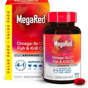 Megared Omega-3 Fish Oil + High Absorption Krill Oil 500mg Softgels, MegaRed Advanced 4in1 (80 count in a bottle) Concentrated Omega-3 Fish & Krill Oil Supplement, Best By 02/2027