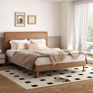 Queen Size Upholstered Bed Frame with Adjustable Headboard, Faux Leather Platform Bed with Wood Slats, Lychee Grain Leather, No Box Spring Needed, Easy Assembly, Noise Free, Brown
