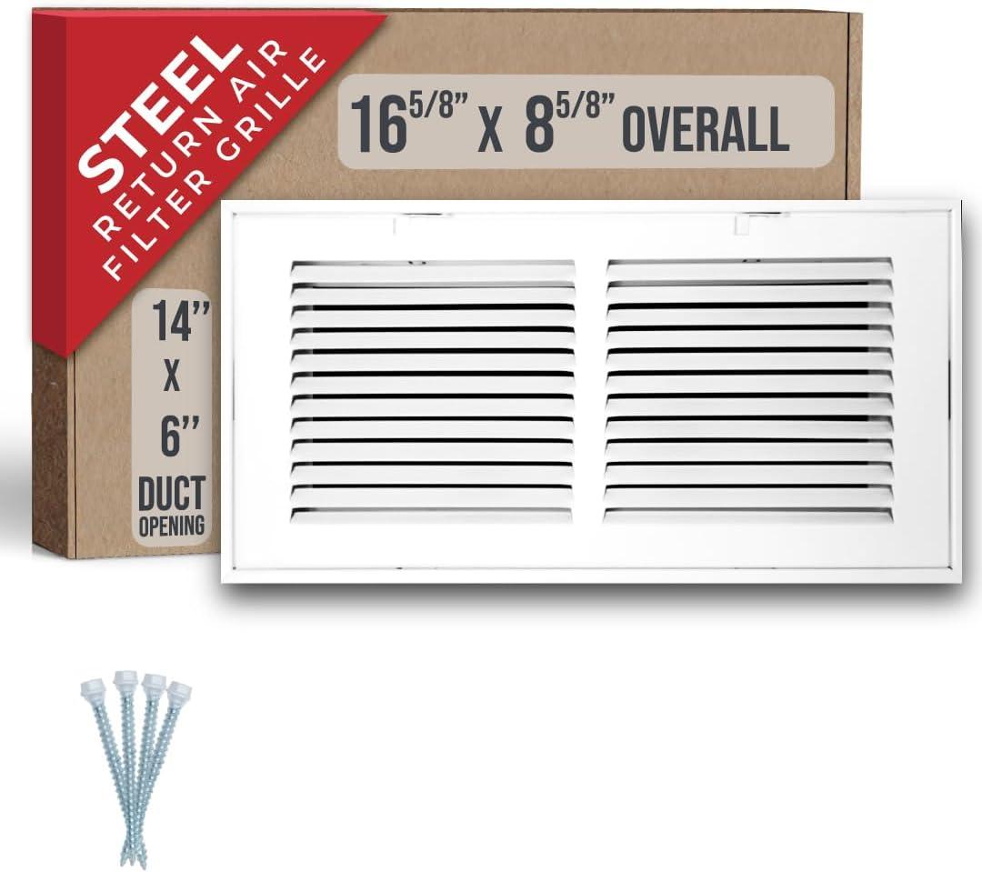 Fits 14x6 Duct Opening | Steel Return Air Filter Grille by Handua [Removable Door] for 1-inch Filters | Vent Cover Grill | White | HVAC Cold Air Intake Grille | Out Dim: 16 5/8"W X 8 5/8"H