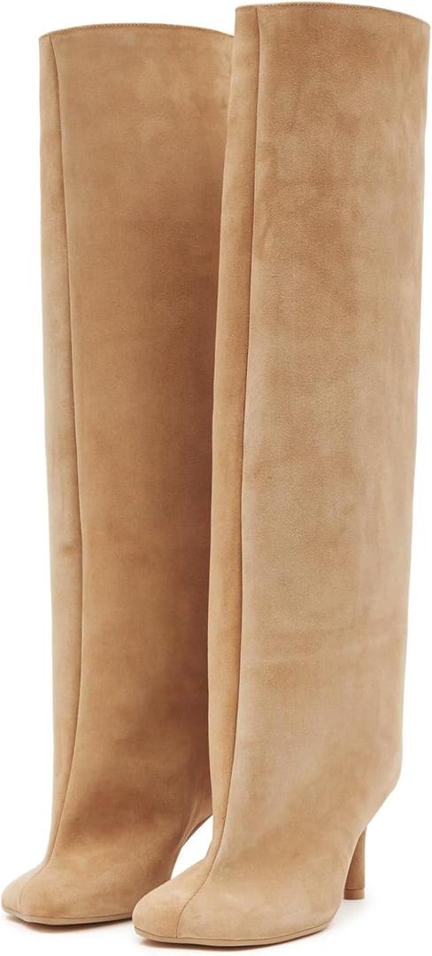 UBWDU Wide Calf Knee High Boots Women Tall Boots Suede Square Toe Stiletto Suede Boots High Heel Long Booties Nude 9.5