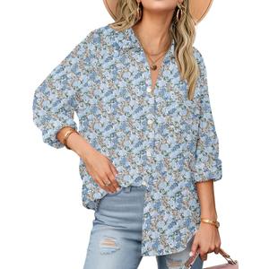Zeagoo Womens Button Down Shirts Long Sleeve Cotton Gauze Tops Casual Collared Blouses Loose Fit (Medium, Blue Blossom)