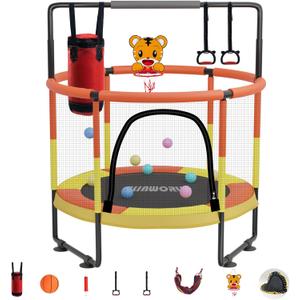 Trampoline for Kids, Adjustable Baby Toddler Trampoline with Basketball Hoop, 440lbs Indoor Outdoor Toddler Trampoline with Enclosure (Oragen Yellow)