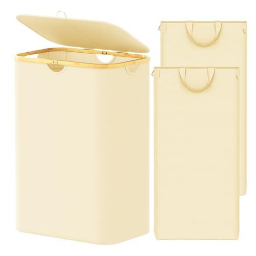 SpaceAid Double Laundry Hamper 2 Section with Lid and Removable Laundry Bags, 160L Clothes Basket with Bamboo Handles, Large Collapsible Hamper for Bedroom, Bathroom, Dorm, Laundry Room - Beige