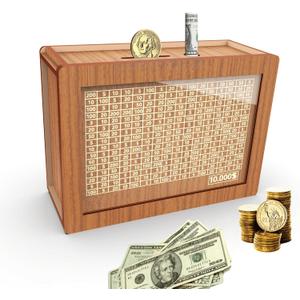 Piggy Bank for Adults Kids, Wooden Mony Bank Cash Vault Money Saving Box with Counter $10000 Savings Challenge Money Bank with Money Target and Numbers (Brown $10000)