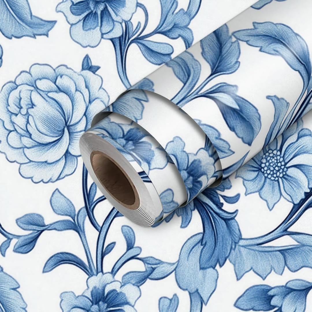 HOMETITUTE Blue Rose Vine Chinoiserie Wallpaper Peel and Stick Contact Paper Wall Paper Stick 17.7" x 118.1" Self Adhesive Vinyl Wall Covering Bedroom Kitchen Bathroom