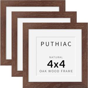 puthiac 4x4 Solid Oak Wood Picture Frame, Fits 3x3 with Mat or 4x4 Without Mat, Wall or Tabletop Display with Stand, Plexi Front, 3 Pack, Walnut