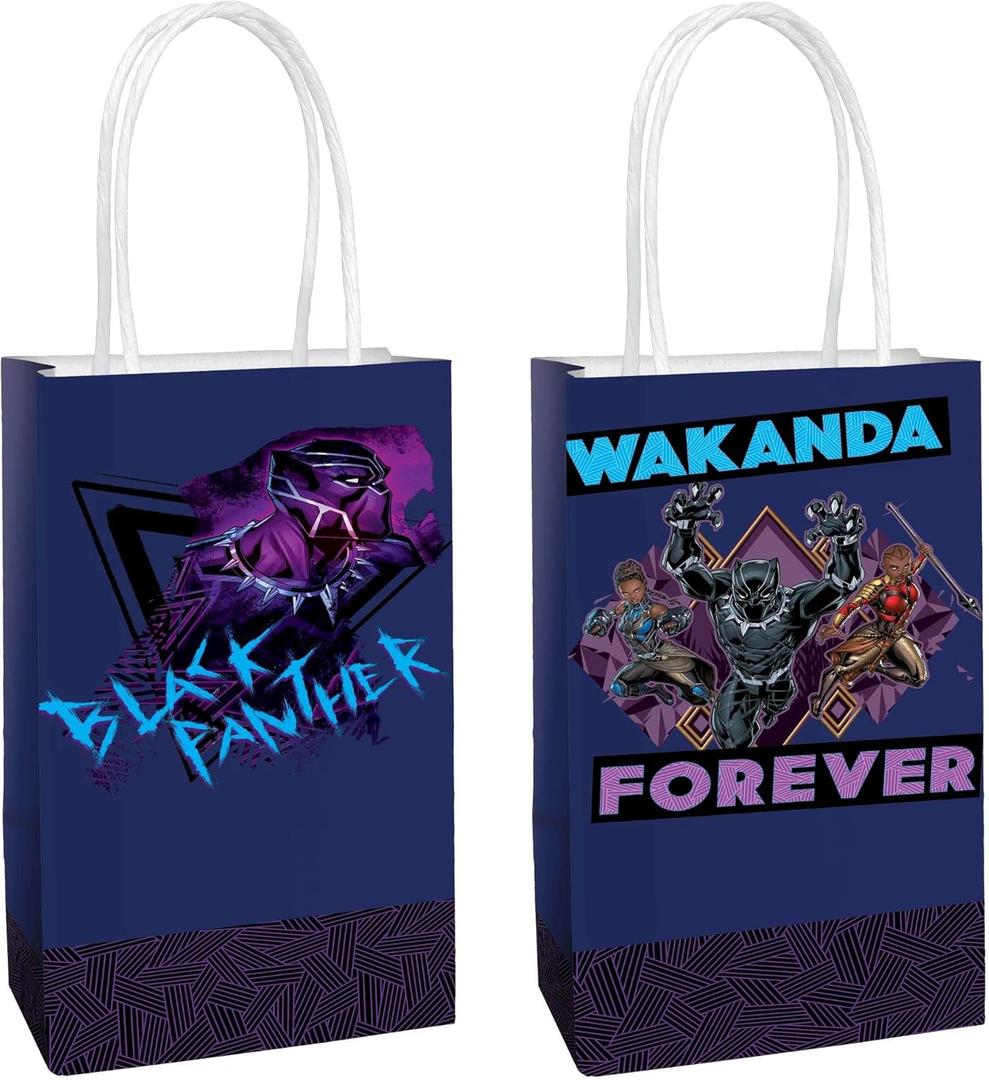 Amscan Multicolor Black Panther Wakanda Forever Printed Paper Kraft Bags - 8.25" x 5.25" x 3", 8 Pieces - Perfect for Parties, Gifts & Goodies (8 Count (Pack of 1))