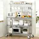 Bakers Rack with Storage & Wheels, 42In Microwave Stand Kitchen Shelves