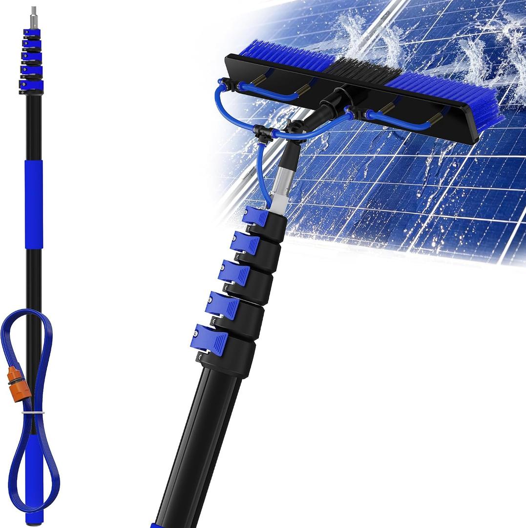 Buyplus 30FT Reach Solar Panel Cleaning Brush Kit with 5-24FT Telescoping Pole, Water Fed Window Cleaner Tool with 20" Brush, Soap Dispenser, Cobweb Duster, Squeegee for Roof, RV, Gutter, Deck,Blue