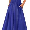 PRETTYGARDEN Women's Casual Dresses 2025 Summer Short Sleeve Ruched Patchwork A Line Pleated Swing Maxi Dress with Pockets, Blue, Large