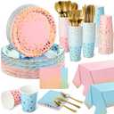 Tegeme 256 Pcs Pink and Blue Gender Reveal Party Supplies Disposable Paper Plate Napkin Cup Gold Dot Plastic Tablecloth Fork Knives Spoon Serve 36 Guest for Easter Baby Shower Birthday Decoration