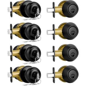 Plustool 4 Pack Front Door Lock Set,Matte Black Exterior Door Lock Set with Deadbolt,Single Cylinder Deadbolt Lock and Door Knob Set,Keyed Alike Door Knob with Lock&Keys,Round Ball Entry Door Lockset