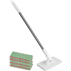 Self Clip Cloth Mop, Dust Mop with 4 Reusable Cloths, No-Wash Press Clamp Removable, Compatible with Reusable Towels & disposables Wipes for Floors, Walls, Mirrors