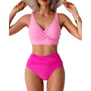 Fanuerg Women High Waisted Bikini Sets V Neck Cross Twist Front Two Piece Swimsuit Tummy Control Bathing Suit (XX-Large, Pink Rose)