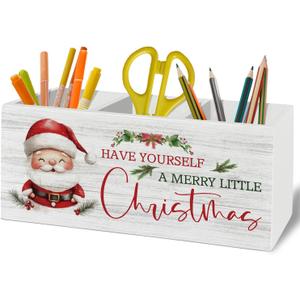 Christmas Santa Pen Pencil Holder Organizer for Desk Accessories, Winter Xmas Santa Claus Holiday Wooden Box Sign Desk Decor for Home Office Decoration, Christmas Office Decor