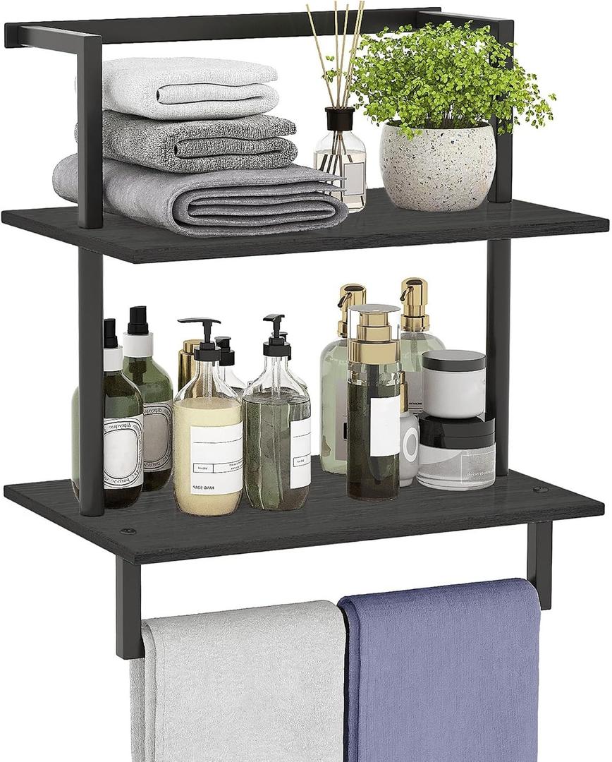 Wall Mounted Towel Rack for Bathroom, Bath Storage Holder 3-Tier Steel Wood Towel Shelf with Bar, Black