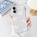 NITITOP Compatible with iPhone 16 Plus Case Clear Cute Bow Knot Design for Women Girls Stylish Bowknot Durable Soft TPU Slim Protection Phone Cover - White Ribbon