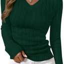 PRETTYGARDEN V Neck Cable Knit Sweaters for Women 2025 Long Sleeve Ribbed Fitted Pullover Tops Business Casual Fall Outfits (Medium, Dark Green)