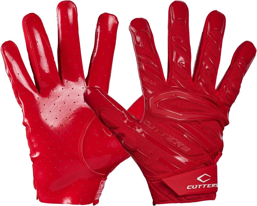 Cutters Gamer Padded Football Glove. All Purpose Players, Receivers, Lineman. Extra Grip. (Red)