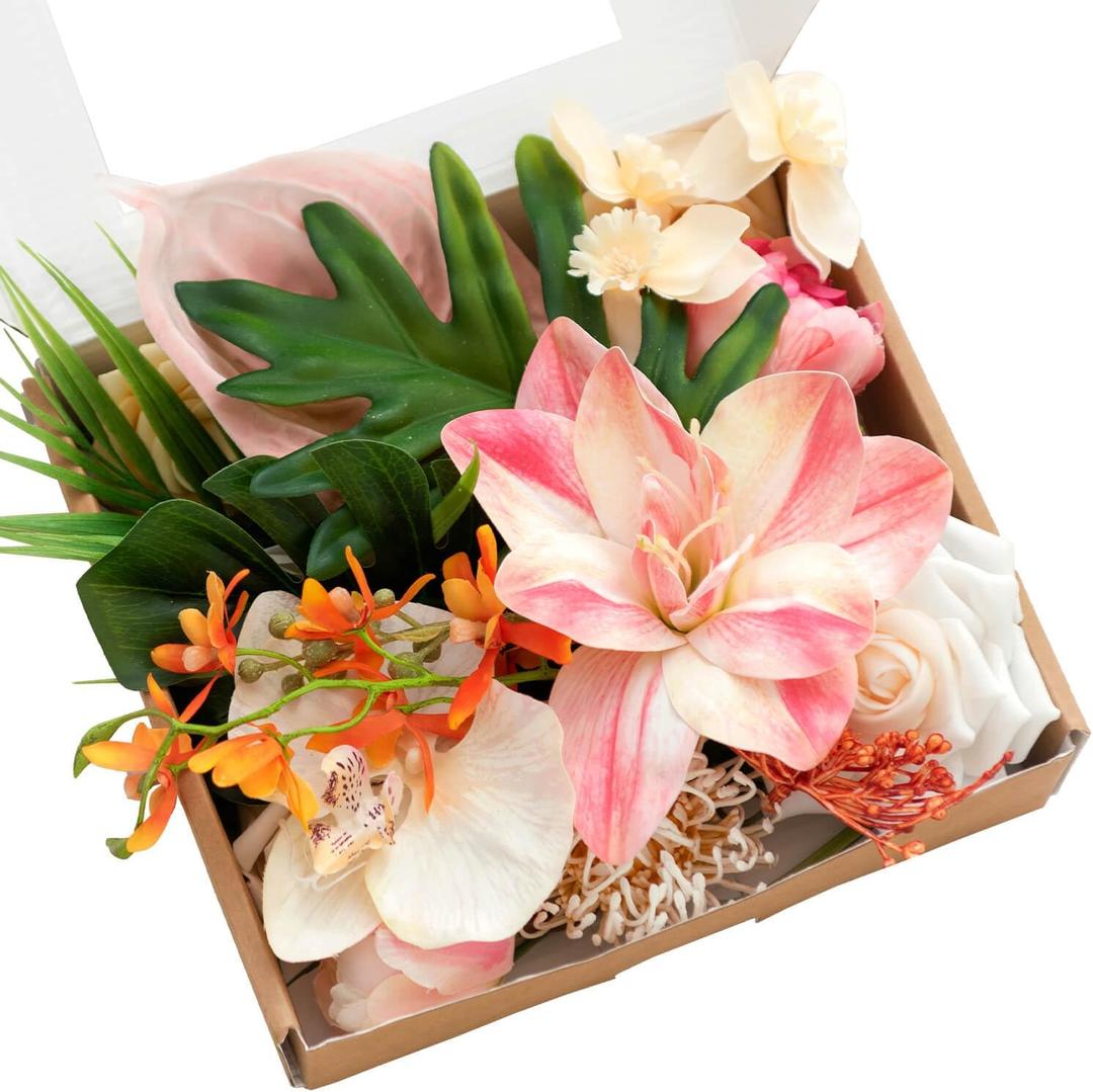 Ling's moment Fake Flowers Box, Faux Artificial Greenery Stems Foam Roses Anthurium Silk Lily Palm Fabic Flower for Centerpieces Bouquet Wedding Vase Floral Decorations, Sorbet Tropical, Mini Combo
