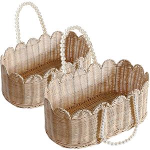Set of 2 Scalloped Basket, Wicker Storage Baskets, Hand Woven Baskets for Shelves,Natural Baskets for Organizing (Rattan(Ellipse-16"L x 10"W x 7"H))