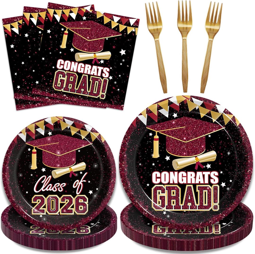 Kepeel 96 Pcs Graduation Party Paper Plates Napkins, Maroon Gold Class of 2026 Congrats Grad Party Decorations Supplies Disposable Dinnerware Tableware Set for College High School, Serves 24