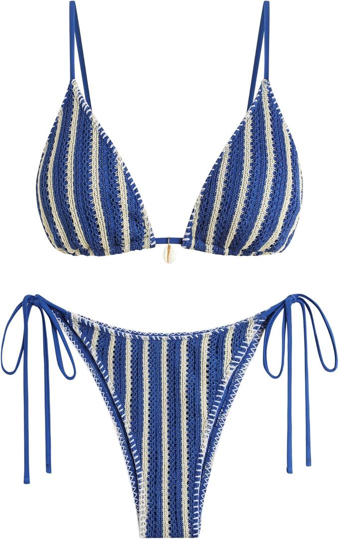 ZAFUL Women's Triangle Bikini Set Crochet String Cheeky Swimsuit Sexy Halter Lace 2 Piece Bathing Suits (Medium)