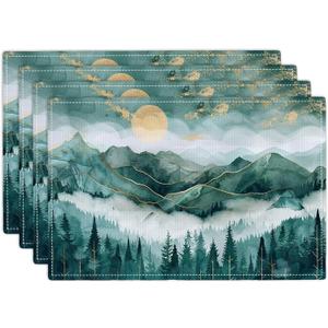 Mountain Placemats Set of 4 Forest Tree Landscape Imitation Linen Placemat Heat Resistant Dining Misty Mountain Hills Place Mats Modern Table Mats for Kitchen Indoor Outdoor Restaurant 12''x18''